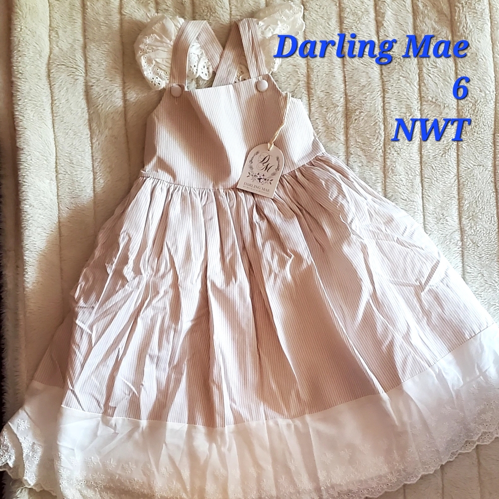 Striped Beige and White Dress with Lace Trim